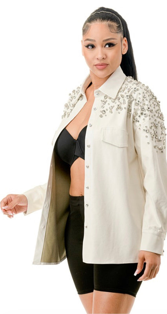 TMHB Vegan Leather Rhinestone Oversized Shirt