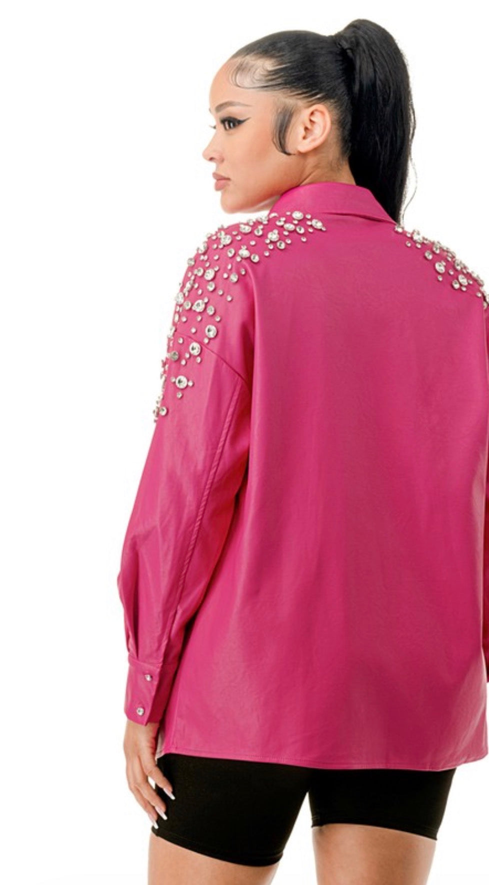 TMHB Vegan Leather Rhinestone Oversized Shirt