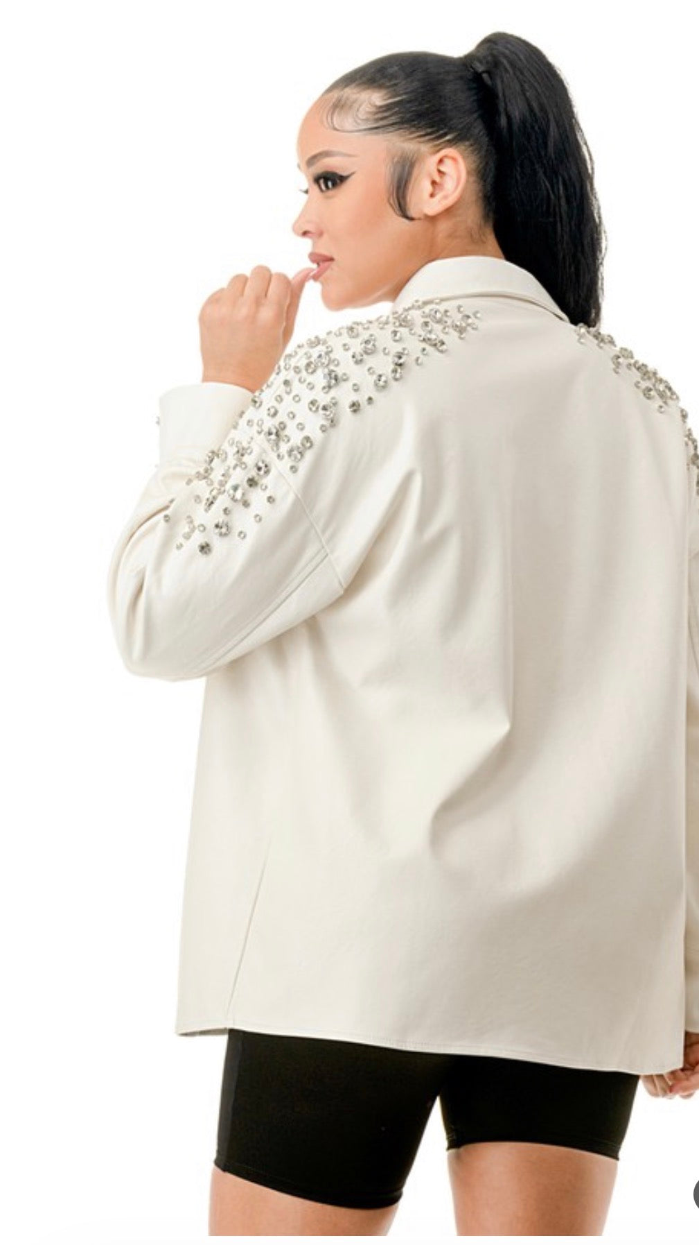 TMHB Vegan Leather Rhinestone Oversized Shirt