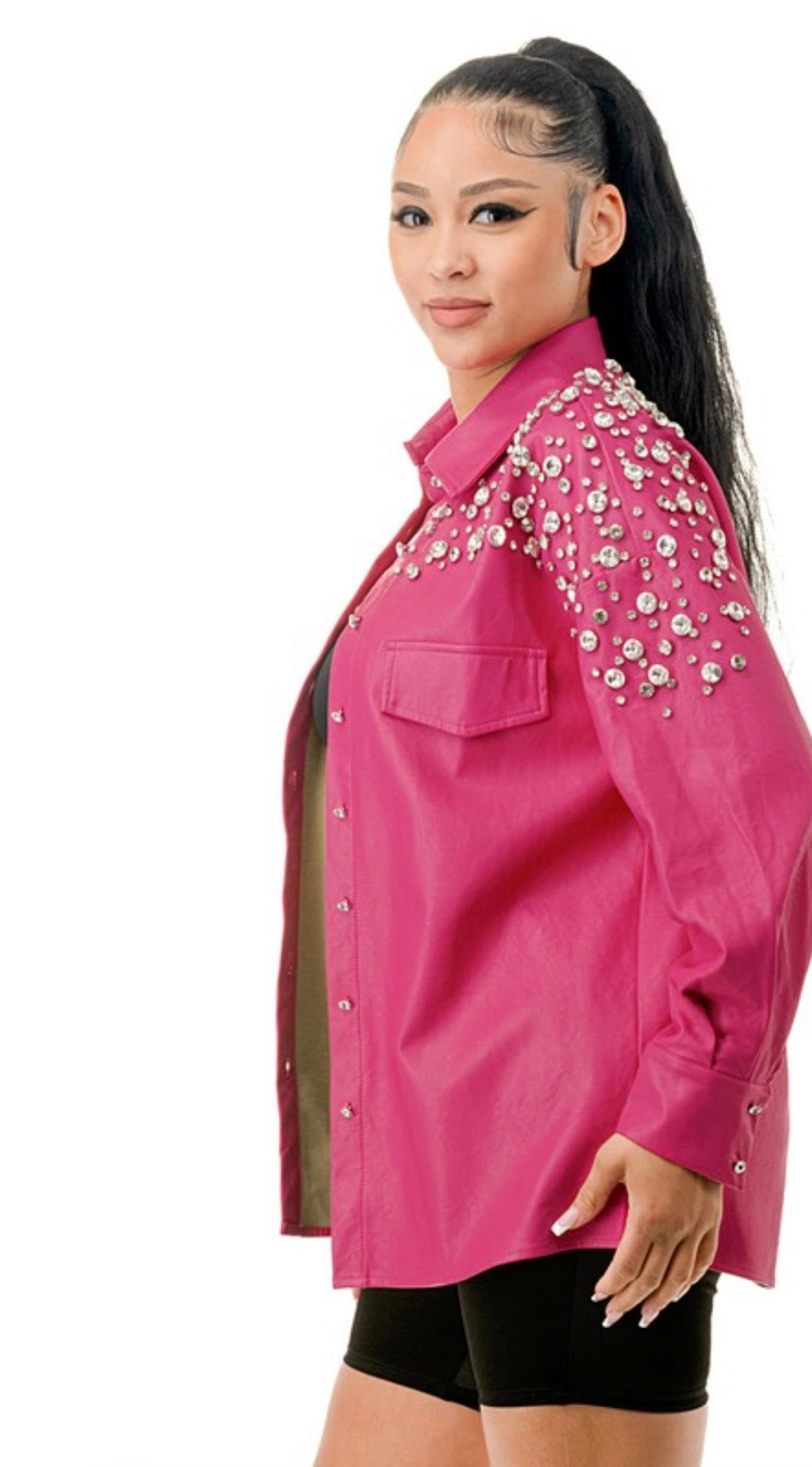 TMHB Vegan Leather Rhinestone Oversized Shirt