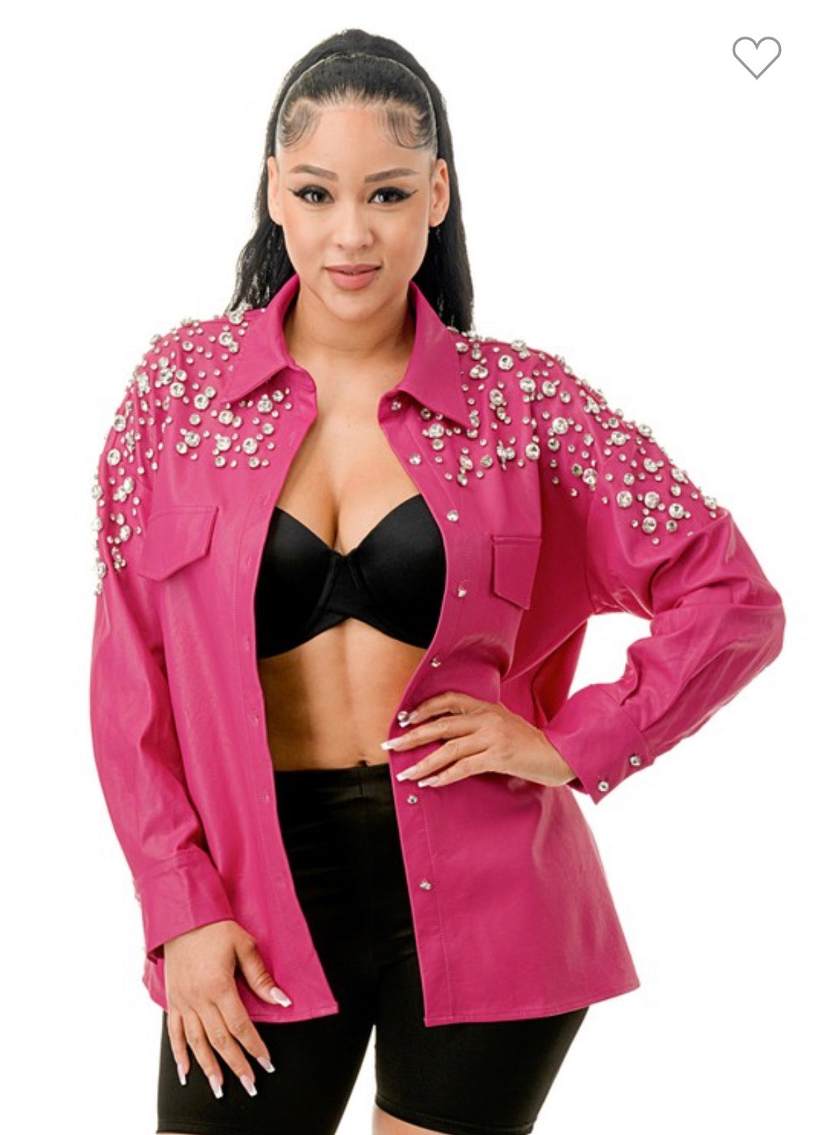 TMHB Vegan Leather Rhinestone Oversized Shirt